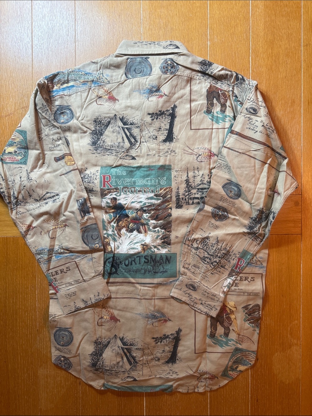 Women’s Vintage Ralph Lauren Tan Printed Long-Sleeve Collar Shirt Fly Fishing - Picture 8 of 10